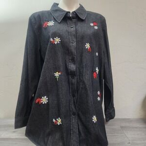 Quaker Factory Black Denim Shirt Size 1X Ladybug Daisy Embroidered Chambray Long